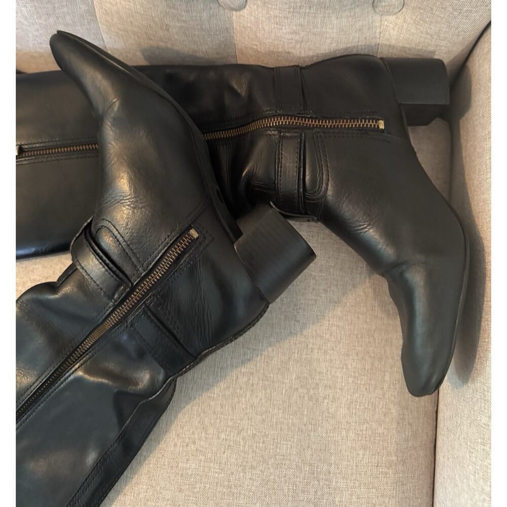 Tory Burch Donavan Riding Boots Black Leather Gold Logo Harness Knee High 7.5 - Picture 5 of 16